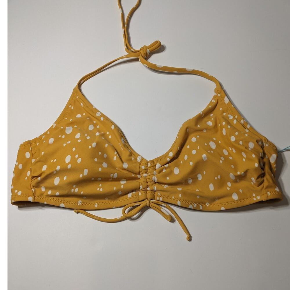 Kona Sol Bikini Yellow XL Cinched Front Dot Print Top Neck Tie Swimsuit Beach
